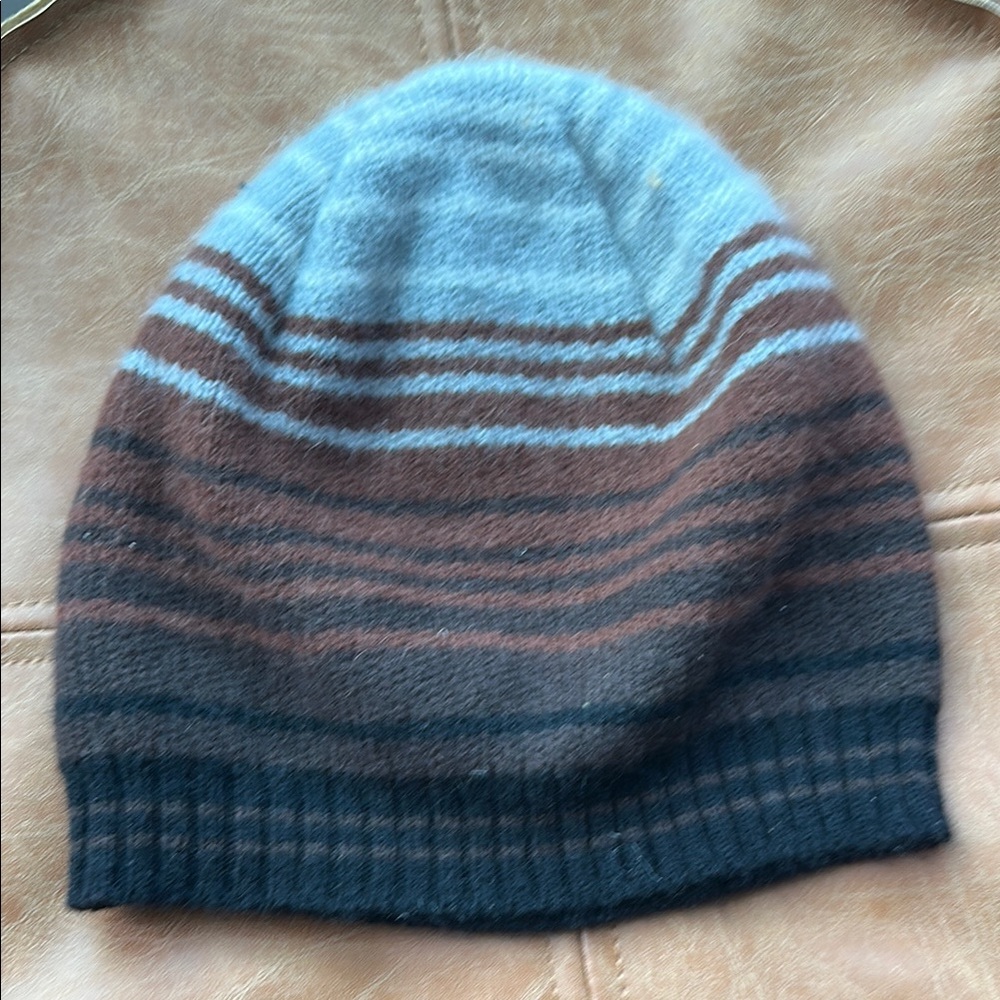 FARHI (Nicole Farhi) Wool & Angora Striped Gray and Brown Beanie. Made in UK.